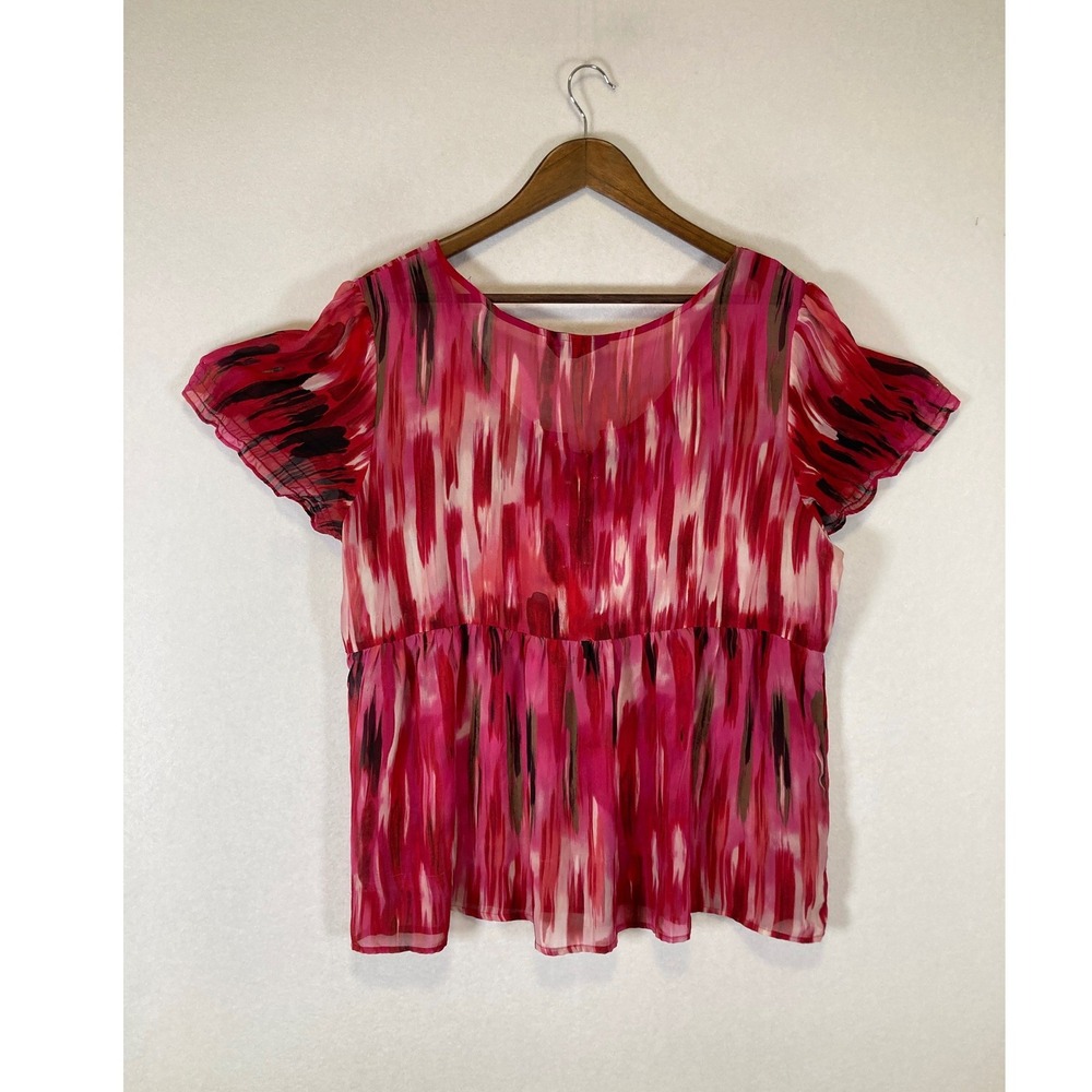 Boho a.n.a Women XL Pink Red‎ Abstract Flutter Sleeve Lace Up Sheer Blouse - Picture 2 of 11